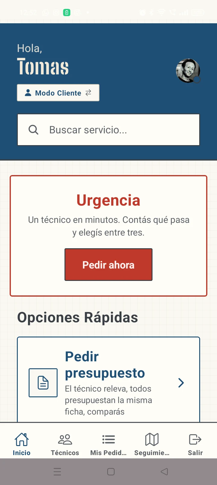 Pantalla real de la app: home del cliente